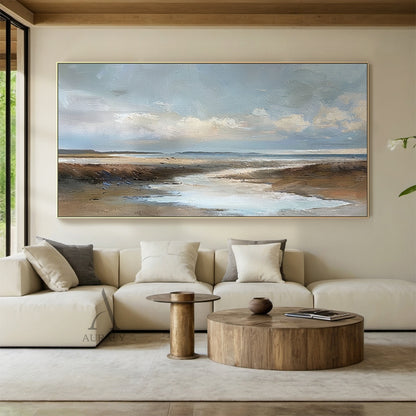 Blue Brown Knife Stroke Coastal Landscape Wabi-Sabi Textured Canvas Minimalist Oil Wall Art Decor AURA741