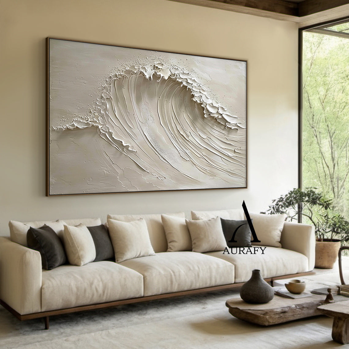 High Relief Plaster Beige Sea Wabi-Sabi Japandi Minimalist Luxe Knife Stroke Sculpted Canvas Wall Art AURA535