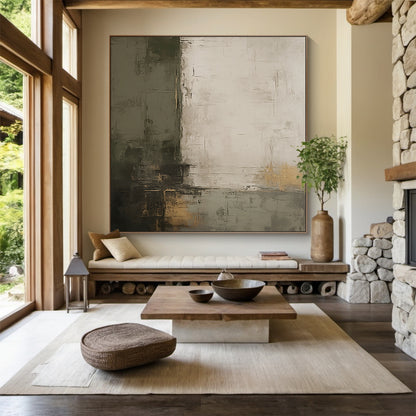 Shadow Reverie Canvas — Olive Grey & Sand Textured Wall Art – AURA077