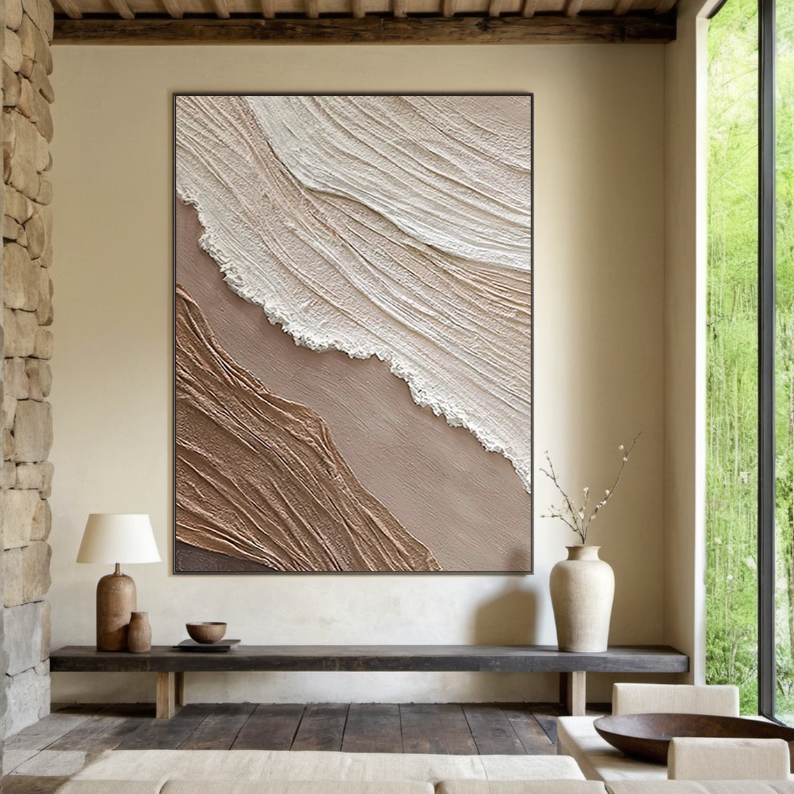Minimalist Grid Texture Wall Art – Warm Beige Tones – AURA033 (Square)