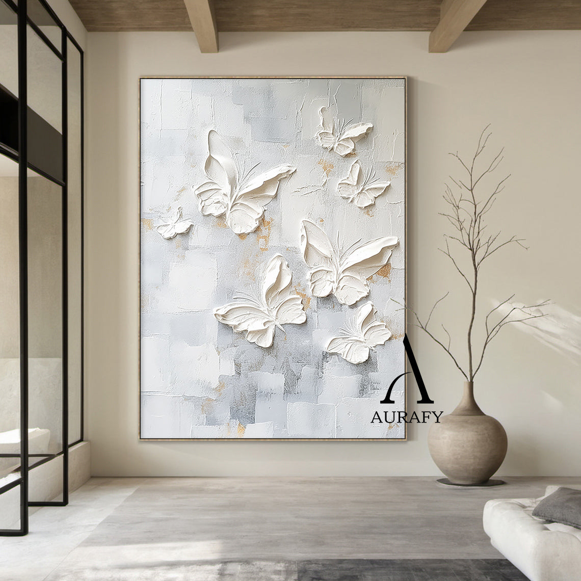 3D Textured Butterfly Art High-Relief Impasto White Beige Modern Minimalist Luxe Painting with Gold Accents AURA531