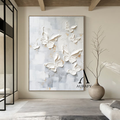 3D Textured Butterfly Art High-Relief Impasto White Beige Modern Minimalist Luxe Painting with Gold Accents AURA531
