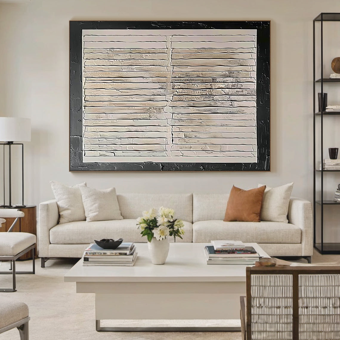 Minimalist Grid Textural Canvas – Cream & Black Accent – AURA006(Horizontal)
