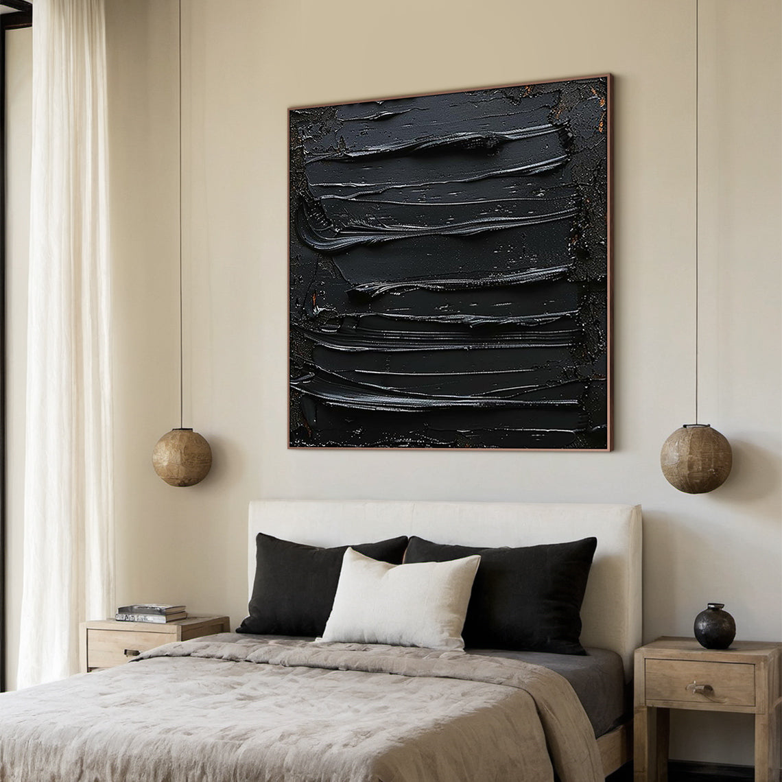 Sculptural Impasto Painting – Matte & Gloss Black Tones – AURA004(Square)