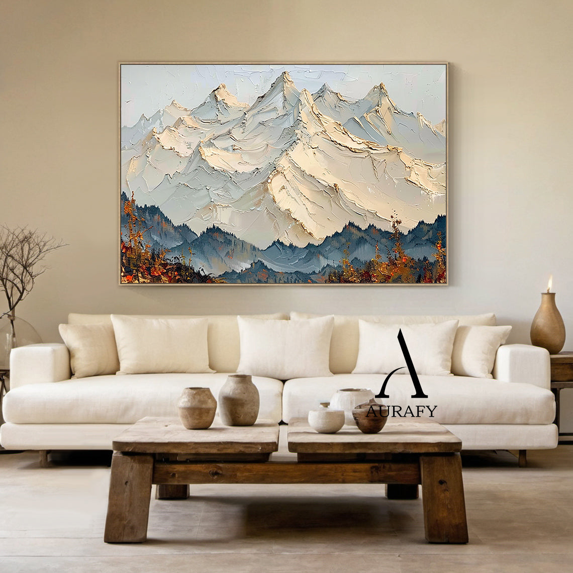 3D Textured Mountain Landscape Thick Impasto Knife Strokes Beige Blue Sculpted Tactile Canvas AURA514