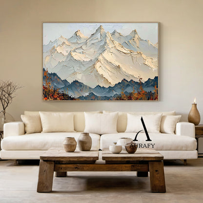 3D Textured Mountain Landscape Thick Impasto Knife Strokes Beige Blue Sculpted Tactile Canvas AURA514