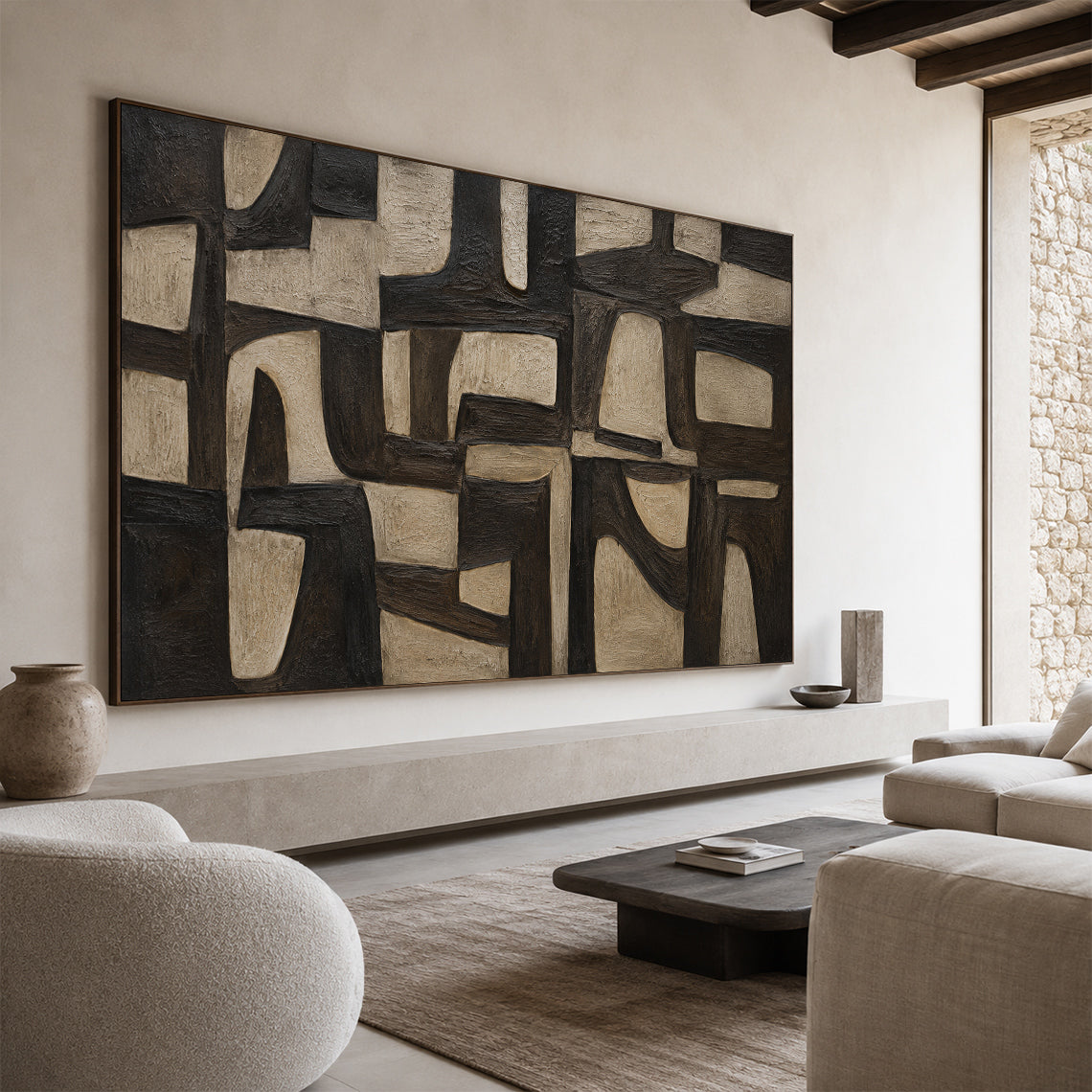 Plaster Textured Abstract Wall Art Black Brown Wabi-Sabi Japandi Minimalist Geometric Tactile Handcrafted Canvas Decor AURA769