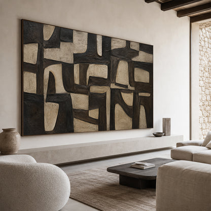 Plaster Textured Abstract Wall Art Black Brown Wabi-Sabi Japandi Minimalist Geometric Tactile Handcrafted Canvas Decor AURA769