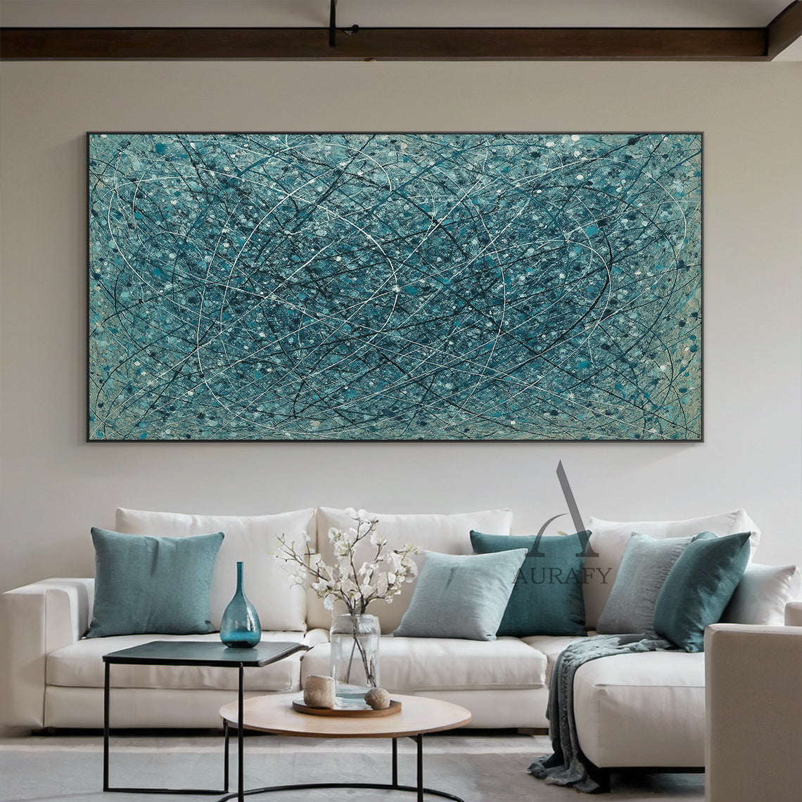Abstract Blue Art Interwoven Lines Mottled Texture Tactile Surface Pigment Splatter Abstract Expressionist AURA509