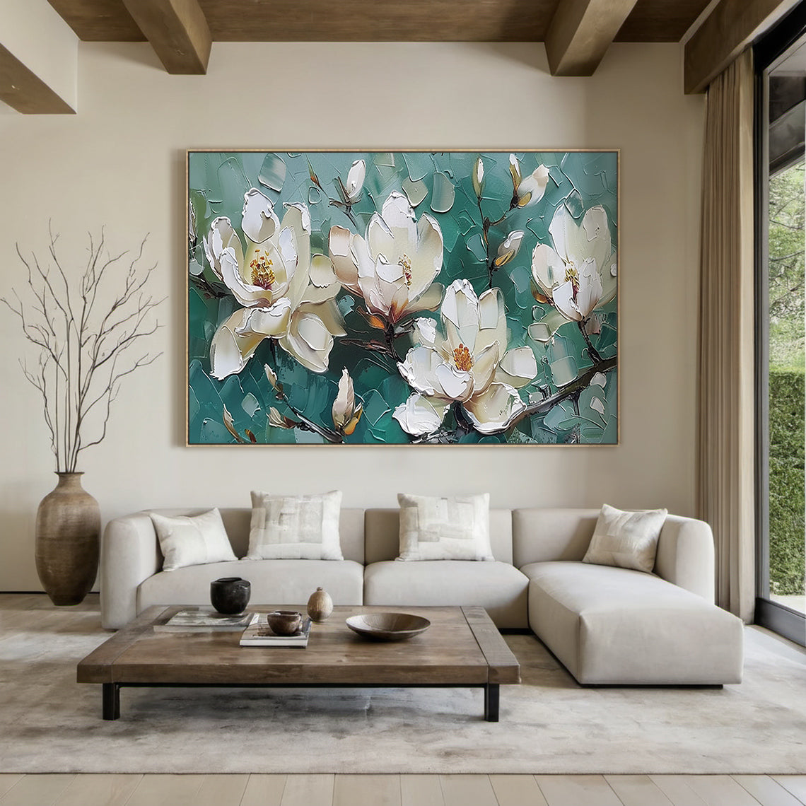 Textured Magnolia Oil Painting Green White Palette Knife Modern Organic Japandi Floral Wall Decor AURA717