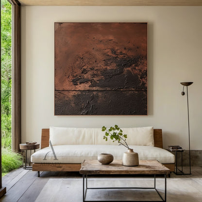 Red Brown Abstract Painting with a Sweeping Dark Textured Mass - AURA846