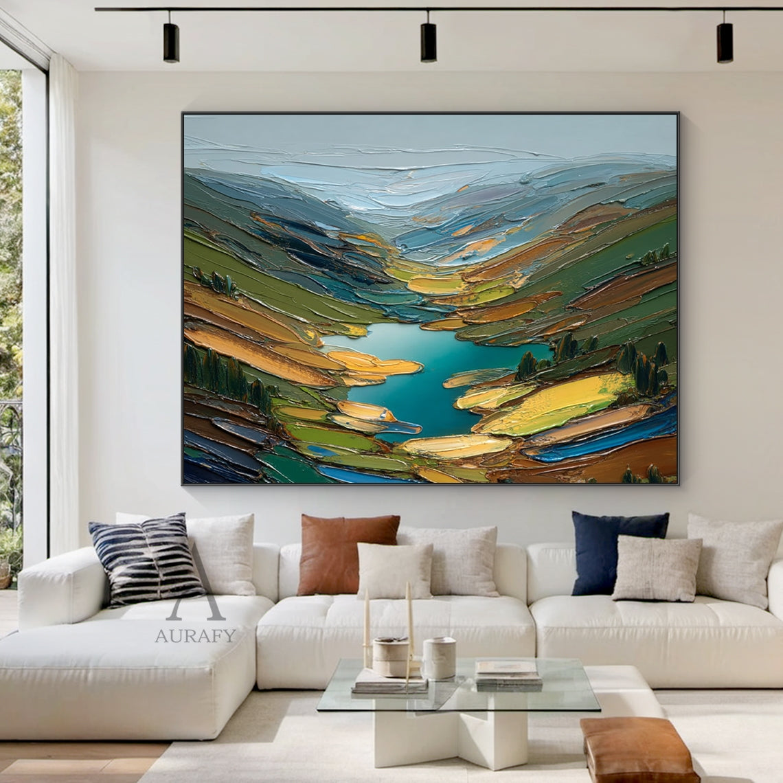 Green Impasto Landscape Artwork Plaster Textured Knife Stroke Mountain Lake Wabi-Sabi Modern Organic Wall Art AURA749