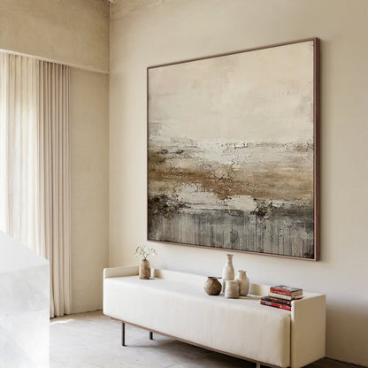 Weathered Horizon Wall Art – Cream & Smoky Taupe Tones – AURA015(Square)
