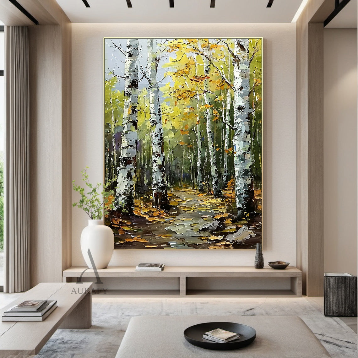 Textured Green Brown Landscape Birch Forest Knife Strokes Oil Painting Tactile Canvas Wabi-Sabi Wall Art AURA744