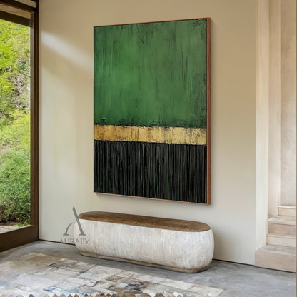 Minimalist Wall Art Green Black Textured Brush Strokes Distressed Gold Vertical Stripes Luxe Piece AURA437