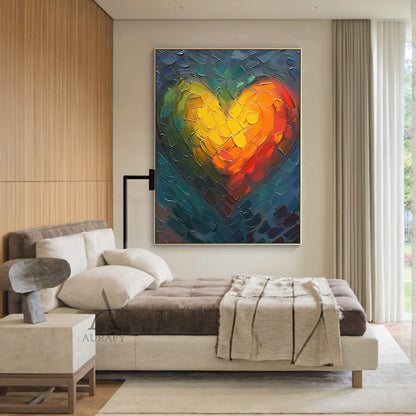 Abstract Heart Oil Painting Impasto Knife Strokes Warm Yellow Red Cool Blue Tactile Surface AURA623