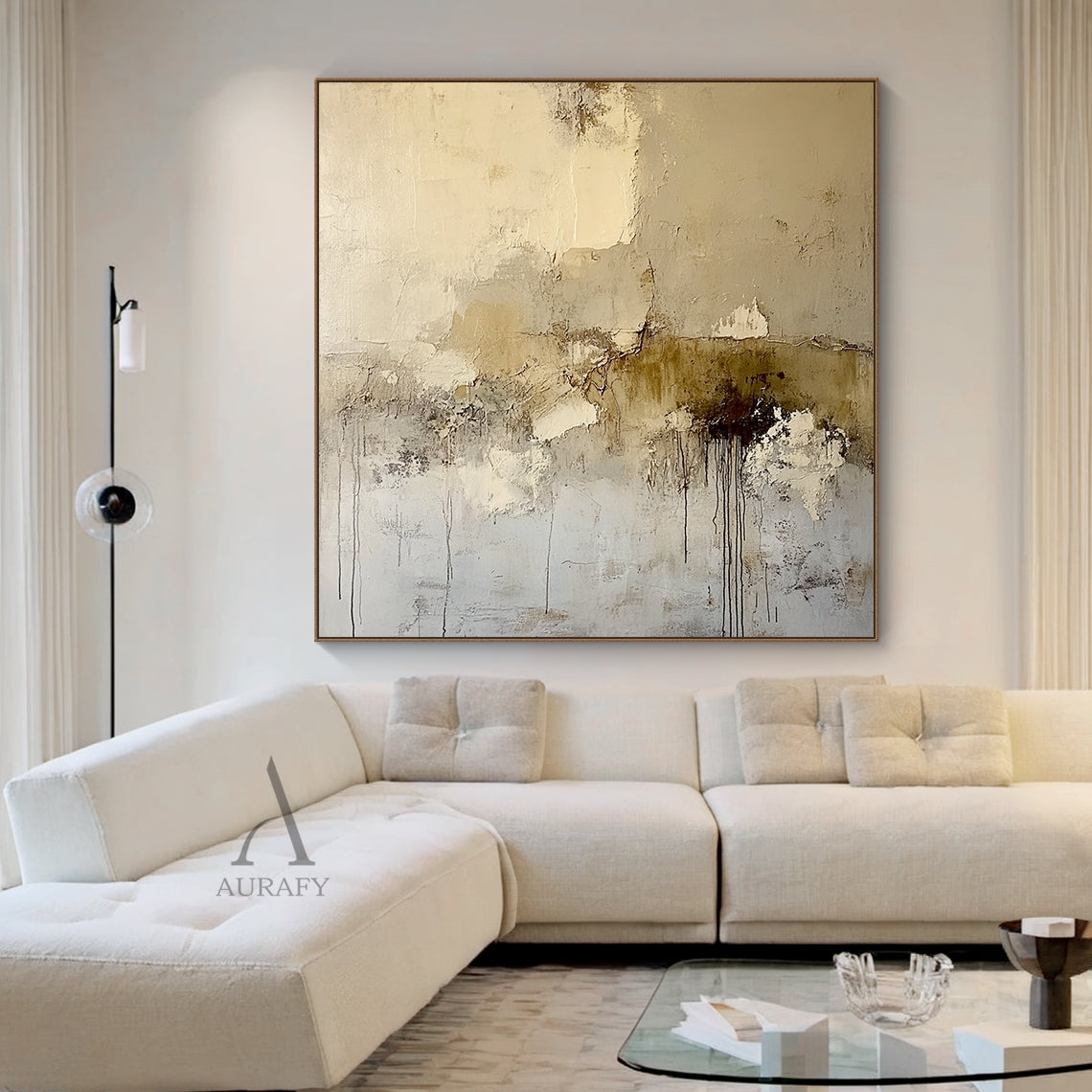 General Abstract Beige Plaster Textured Wabi-Sabi Art with Tactile Surface Paint Drips and Chipped Layers AURA611