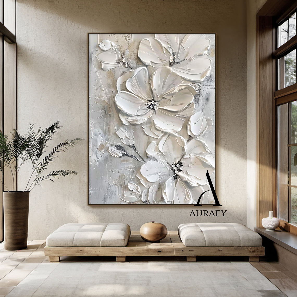 3D Textured Painting Gray White Abstract Floral Sculpted Canvas Tactile High-Relief Impasto Modern Organic Artwork AURA515