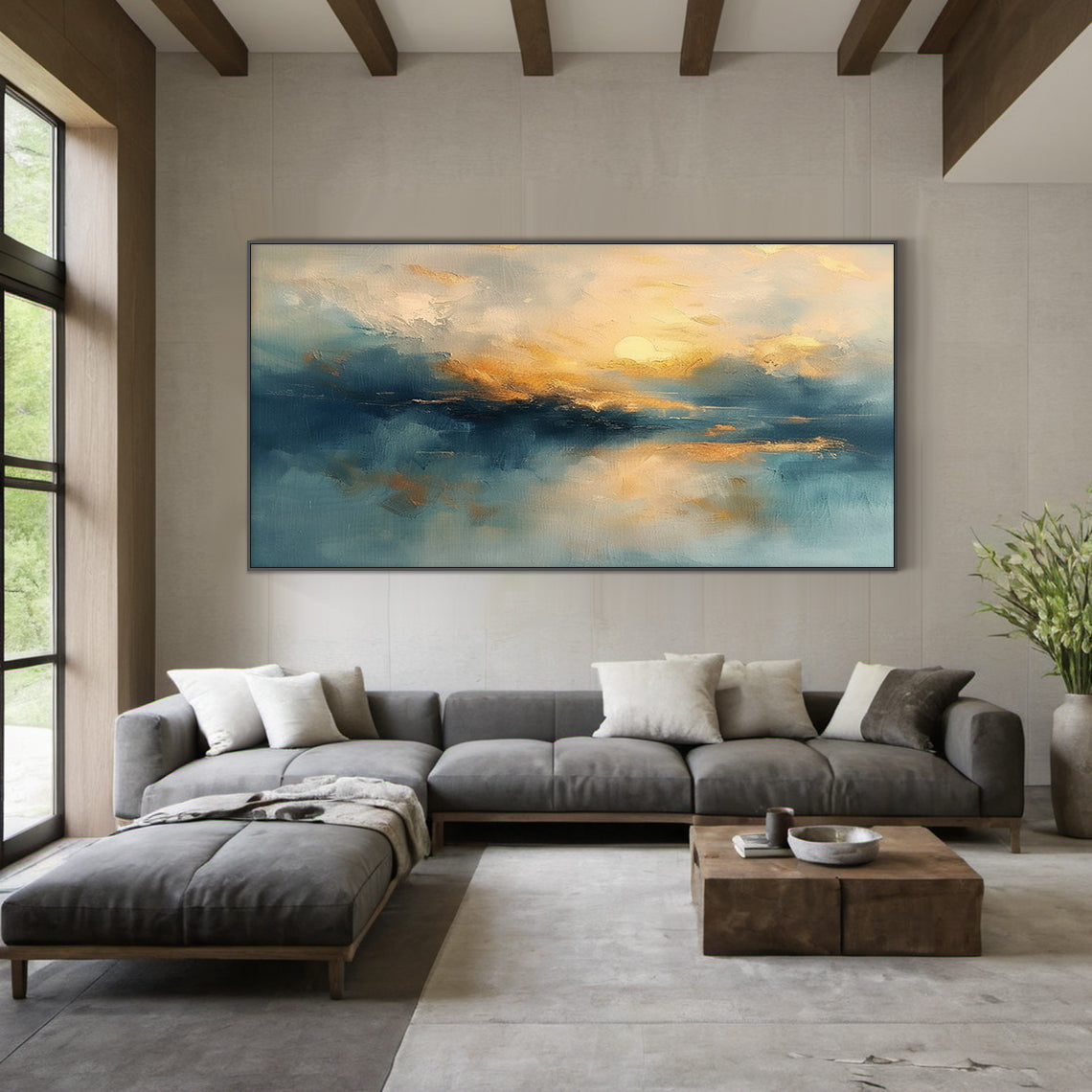 Blue Textured Landscape Art Knife Stroke Gold Sunset Canvas Japandi Minimalist Coastal Wall Artwork Decor AURA708