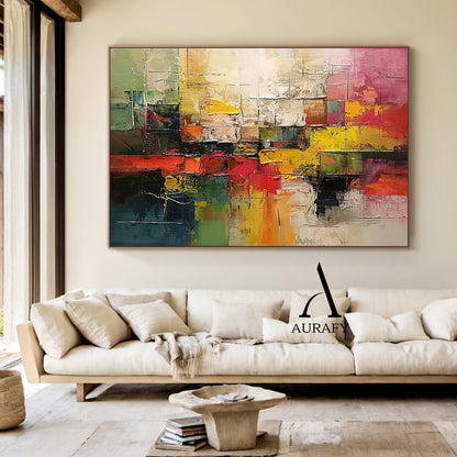 3D Textured Abstract Painting with High-Relief Plaster Tactile Surface Pink Green Yellow Knife Strokes AURA571