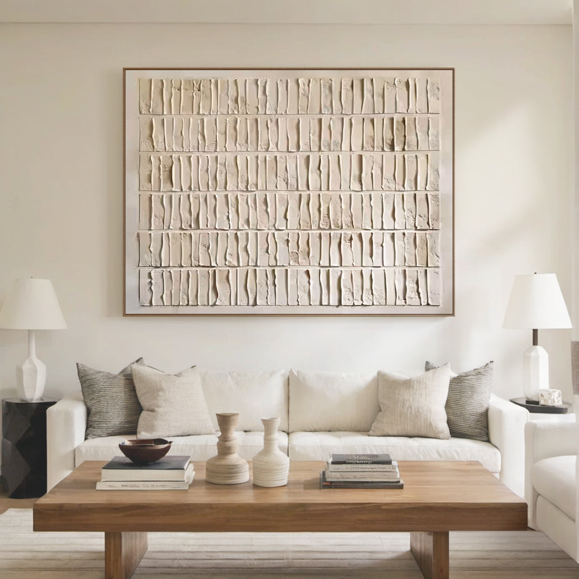 Grid Relief Painting – Cream & Beige Tones – AURA011(Horizontal)