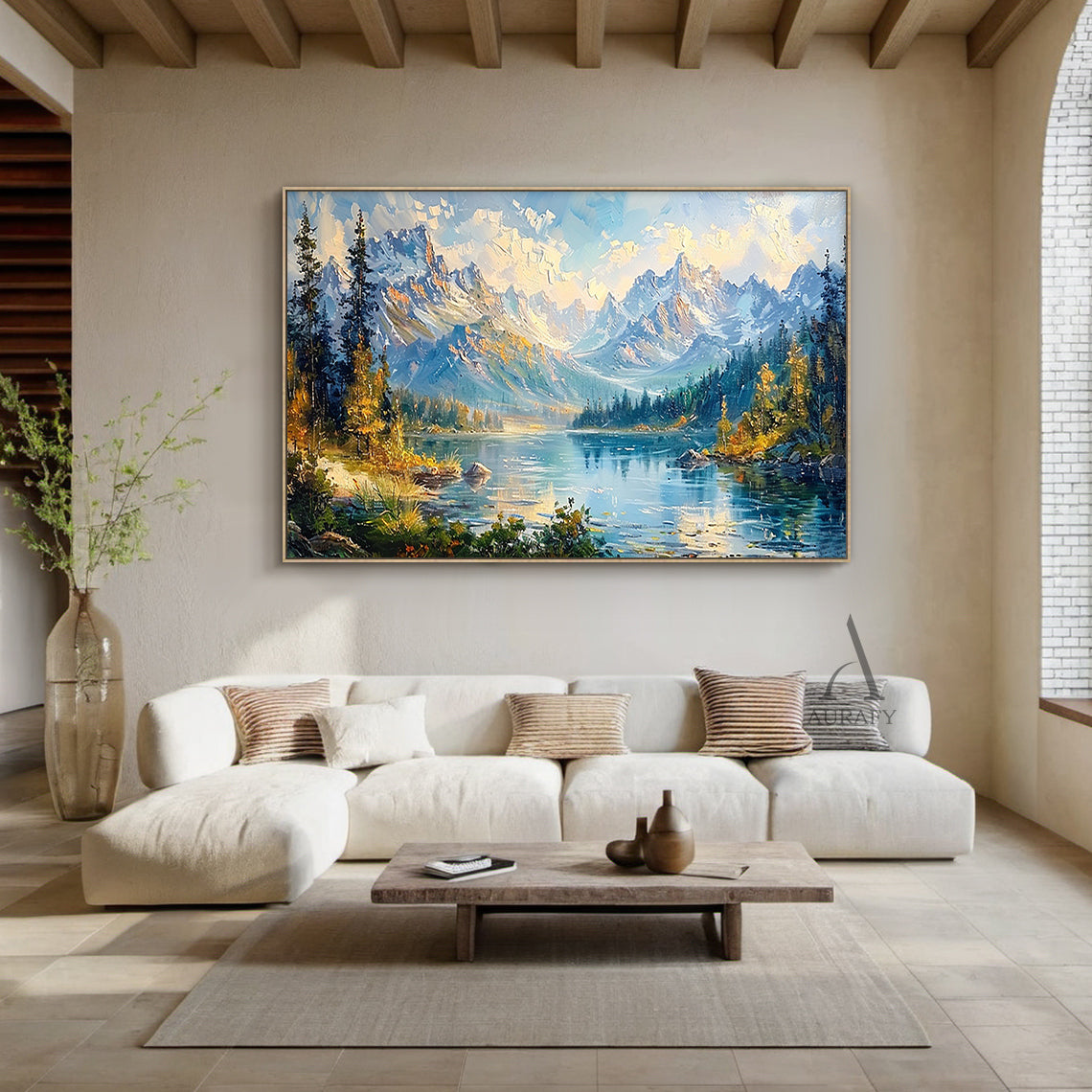 Blue Landscape Oil Painting with Knife Strokes Mountain Lake Snow-Capped Peaks Reflective Water AURA422