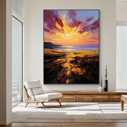 Textured Landscape Oil Painting Brown Red Coastal Sunset Knife Stroke Tactile Modern Canvas Wall Decor AURA747