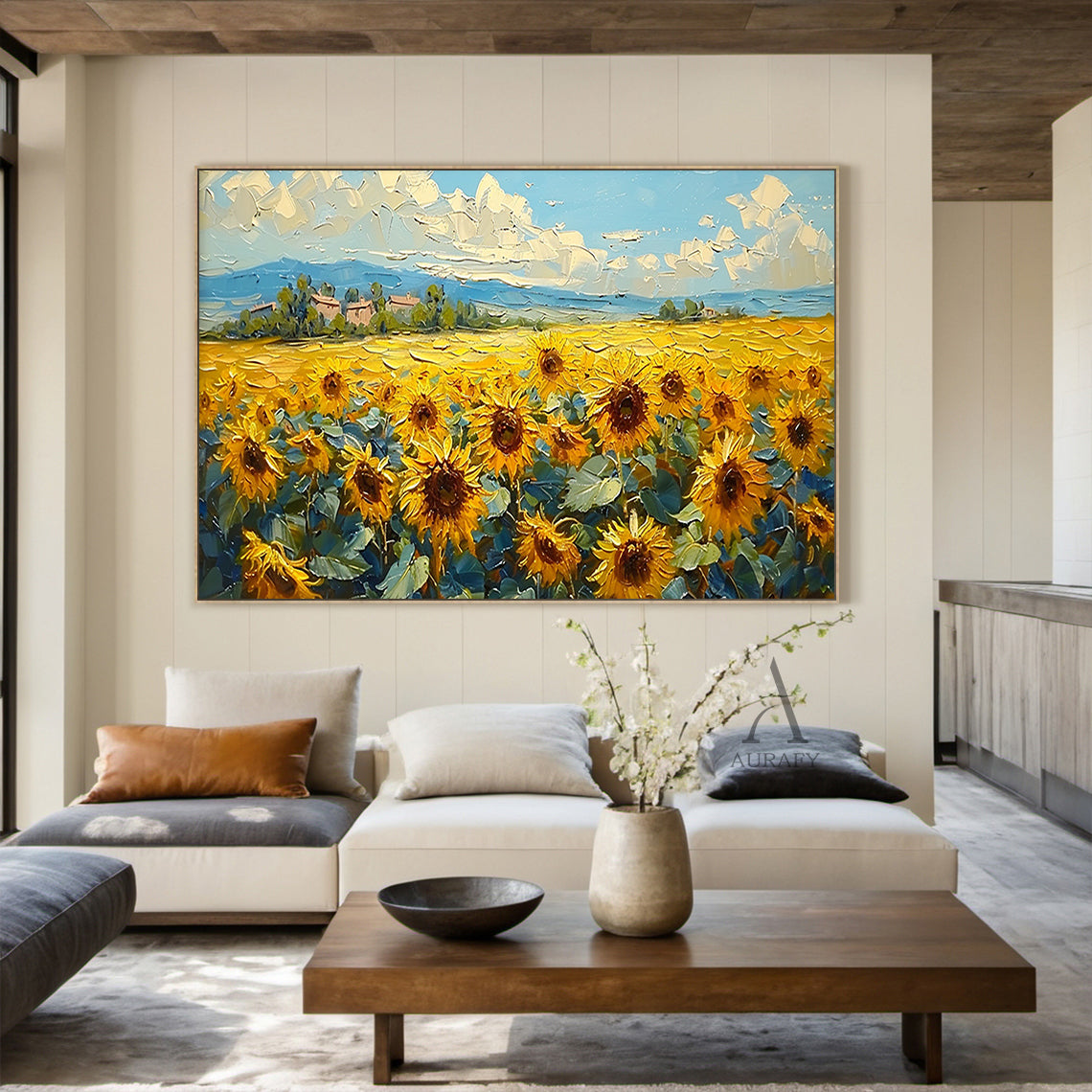 Yellow Sunflower Landscape Impasto Oil Painting Tactile Knife Strokes Rural Countryside Distant Mountains Blue Sky AURA419