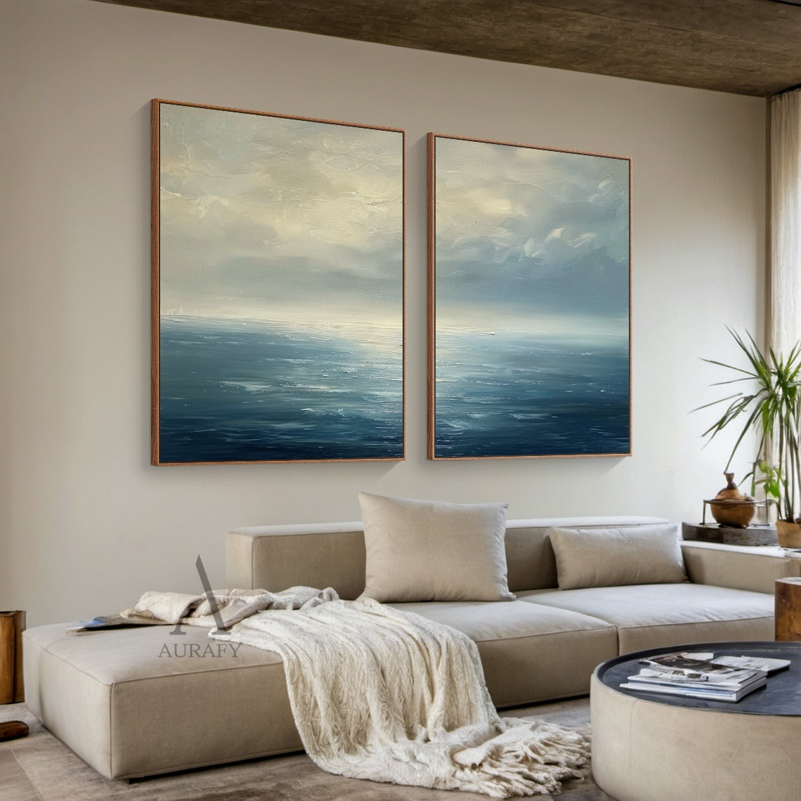 Blue Ocean Abstract Art Impasto Textured Modern Organic Wavy Line Sky Landscape AURA464