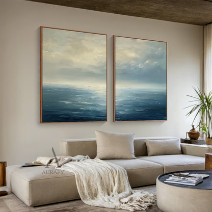 Blue Ocean Abstract Art Impasto Textured Modern Organic Wavy Line Sky Landscape AURA464