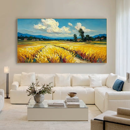 Impasto Textured Yellow Blue Wheat Field Landscape Hand Painted Oil Painting Wall Art Canvas Decor AURA745