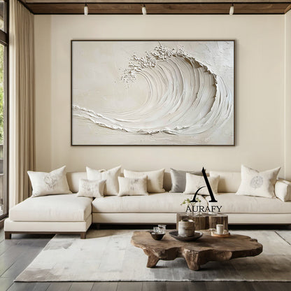3D Textured Beige AurafyArt Wave Painting Impasto Knife Strokes Sculpted Tactile High-Relief Minimalist AURA534