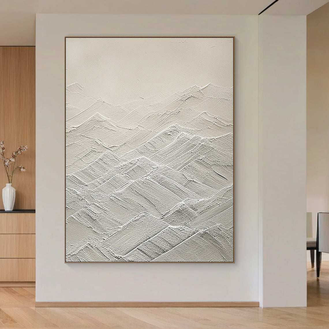 Mountain Ridge Relief Canvas – Cream & White Tones – AURA042(Horizontal)