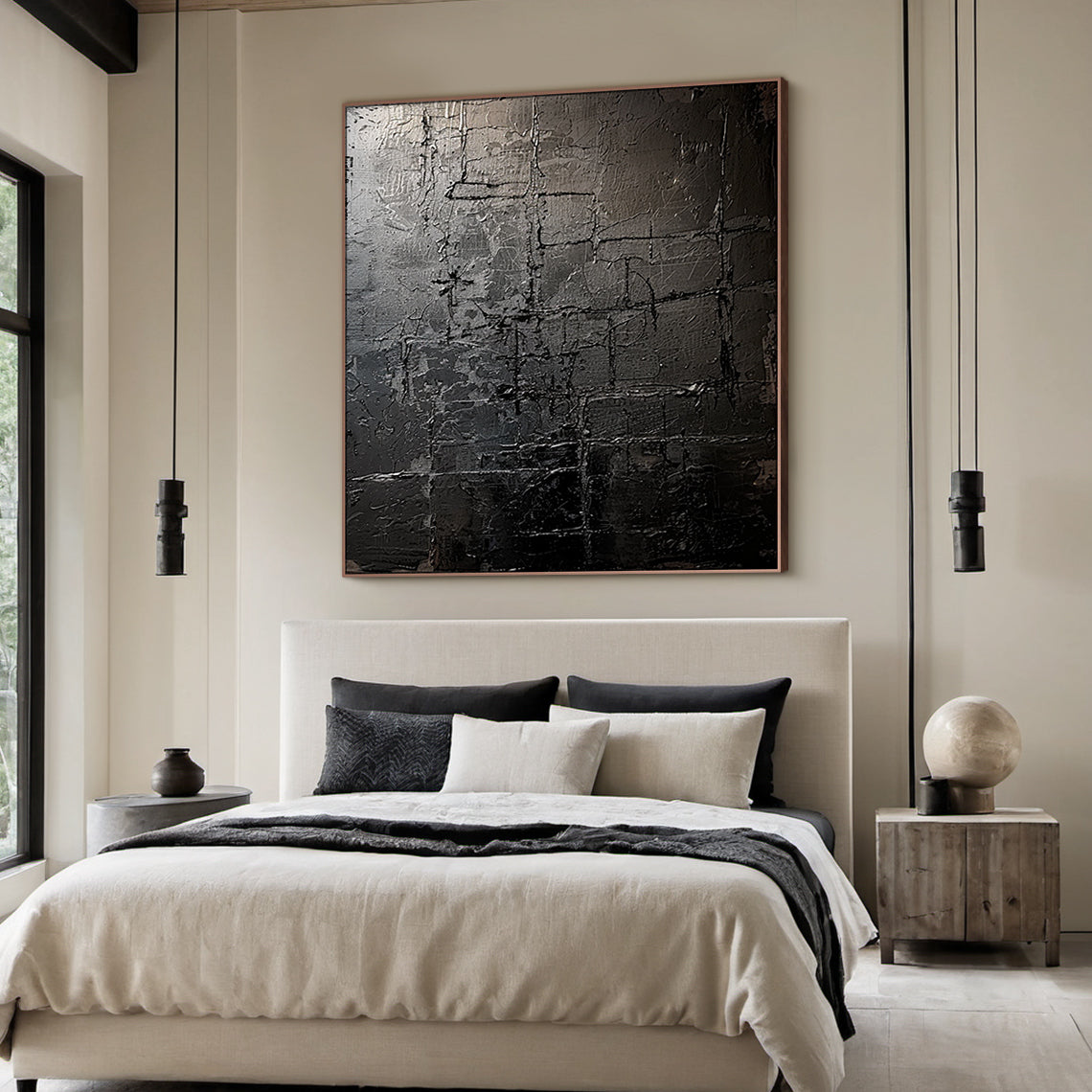 Monochrome Grid Texture Wall Art – Onyx & Charcoal Tones – AURA032(Square)