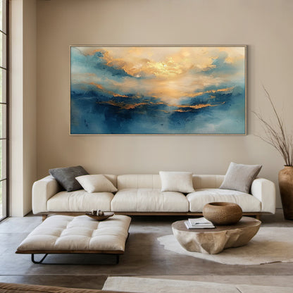 Textured Blue Gold Abstract Landscape Plaster Knife Stroke Japandi Wall Art Minimalist Luxe Home Decor AURA709