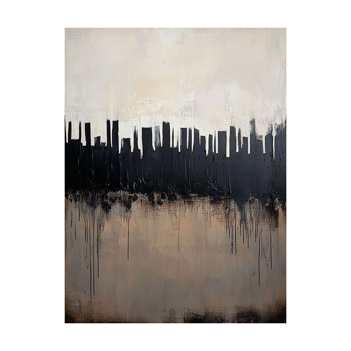 Abstract City Skyline Art with Tactile Thick Brushstrokes Drip Texture Minimalist Luxe Black Beige AURA610