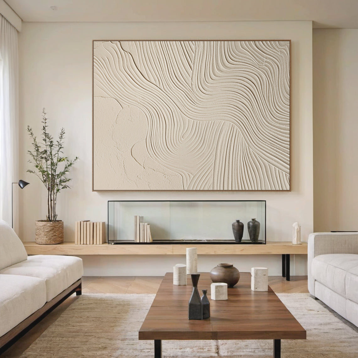 Flowing Horizontal Texture Canvas-Warm Cream Tones-AURA046