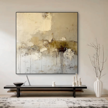 General Abstract Beige Plaster Textured Wabi-Sabi Art with Tactile Surface Paint Drips and Chipped Layers AURA611