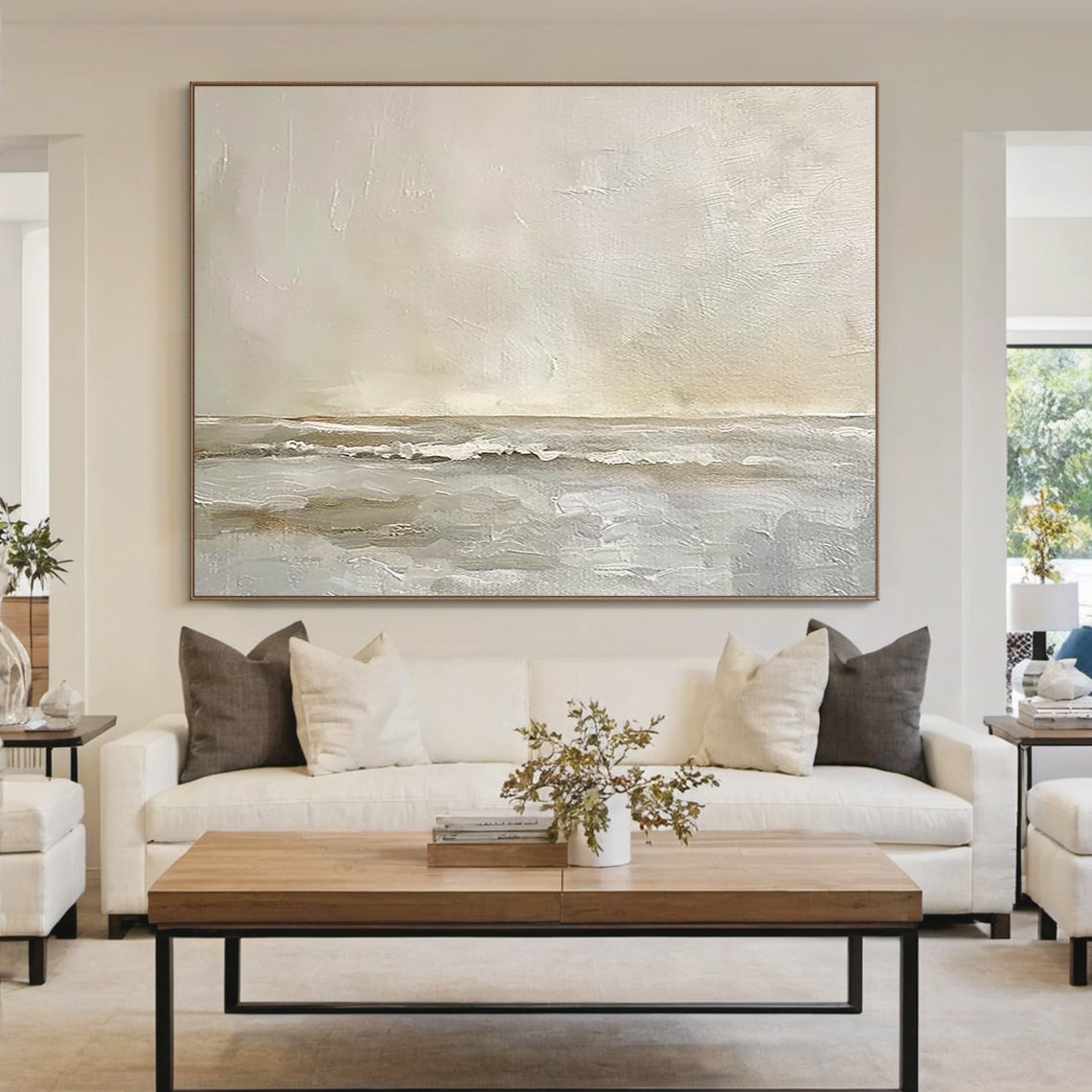 Dreamy Seascape Painting – Misty Taupe & Cream – AURA043(Horizontal)