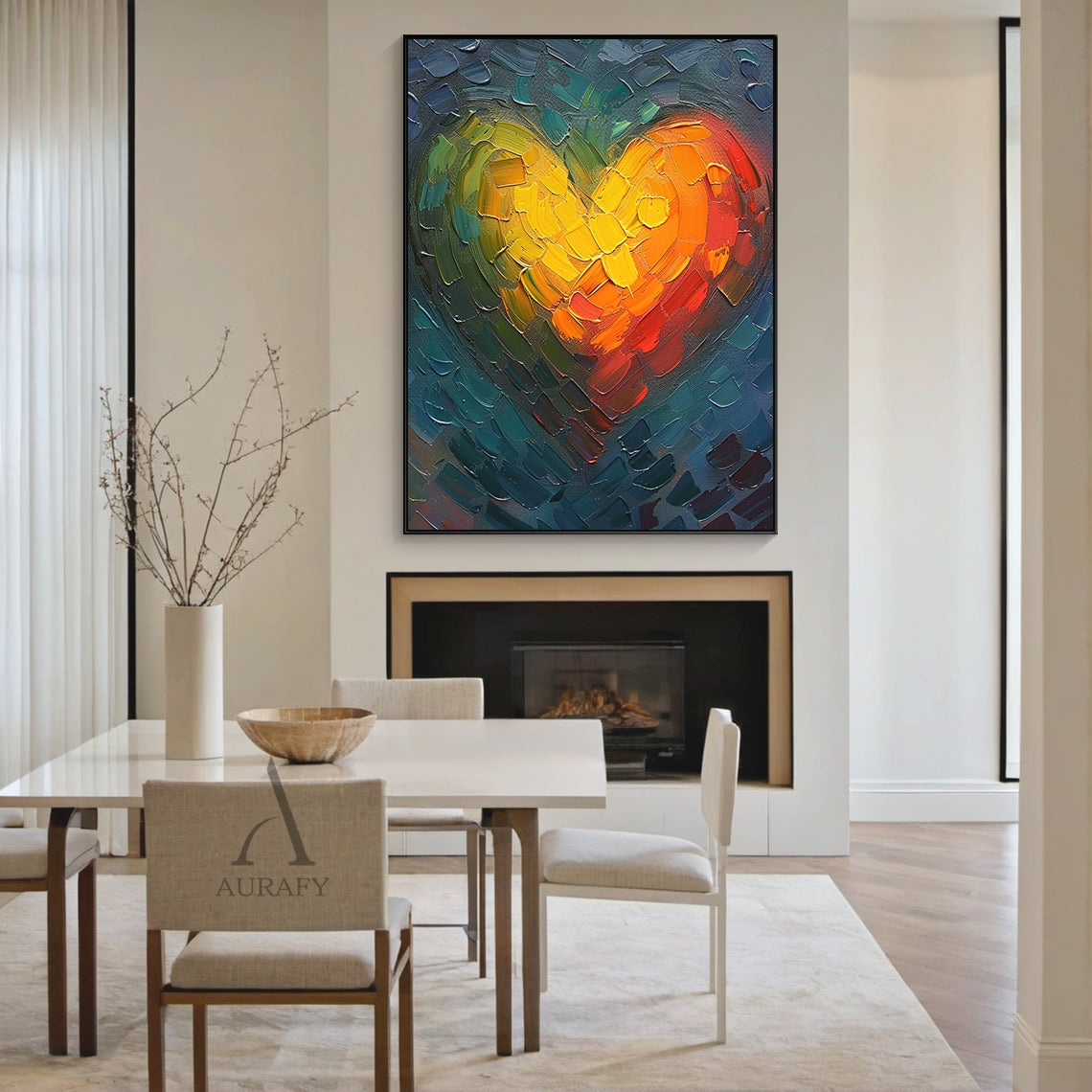Abstract Heart Oil Painting Impasto Knife Strokes Warm Yellow Red Cool Blue Tactile Surface AURA623
