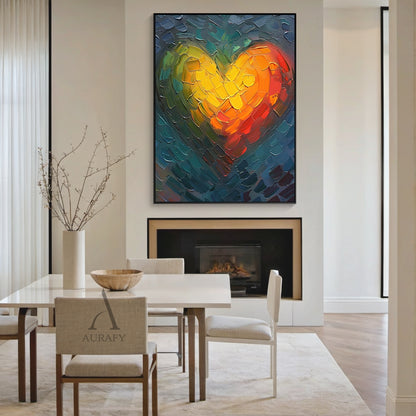 Abstract Heart Oil Painting Impasto Knife Strokes Warm Yellow Red Cool Blue Tactile Surface AURA623