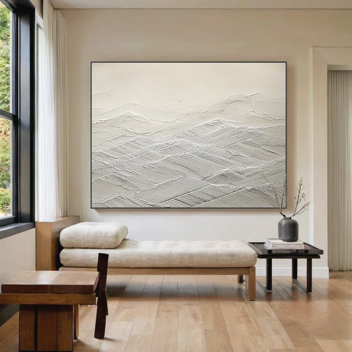 Mountain Ridge Relief Canvas – Cream & White Tones – AURA042(Horizontal)