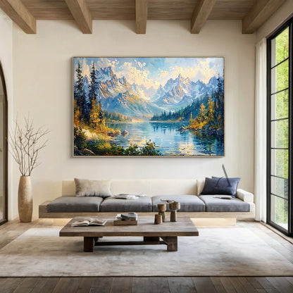 Blue Landscape Oil Painting with Knife Strokes Mountain Lake Snow-Capped Peaks Reflective Water AURA422