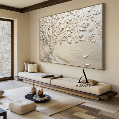 Beige High-Relief Knife Painted Tree Wall Art Japandi Wabi-Sabi Tactile Plaster Modern Organic Minimalist Decor AURA536