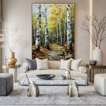 Textured Green Brown Landscape Birch Forest Knife Strokes Oil Painting Tactile Canvas Wabi-Sabi Wall Art AURA744