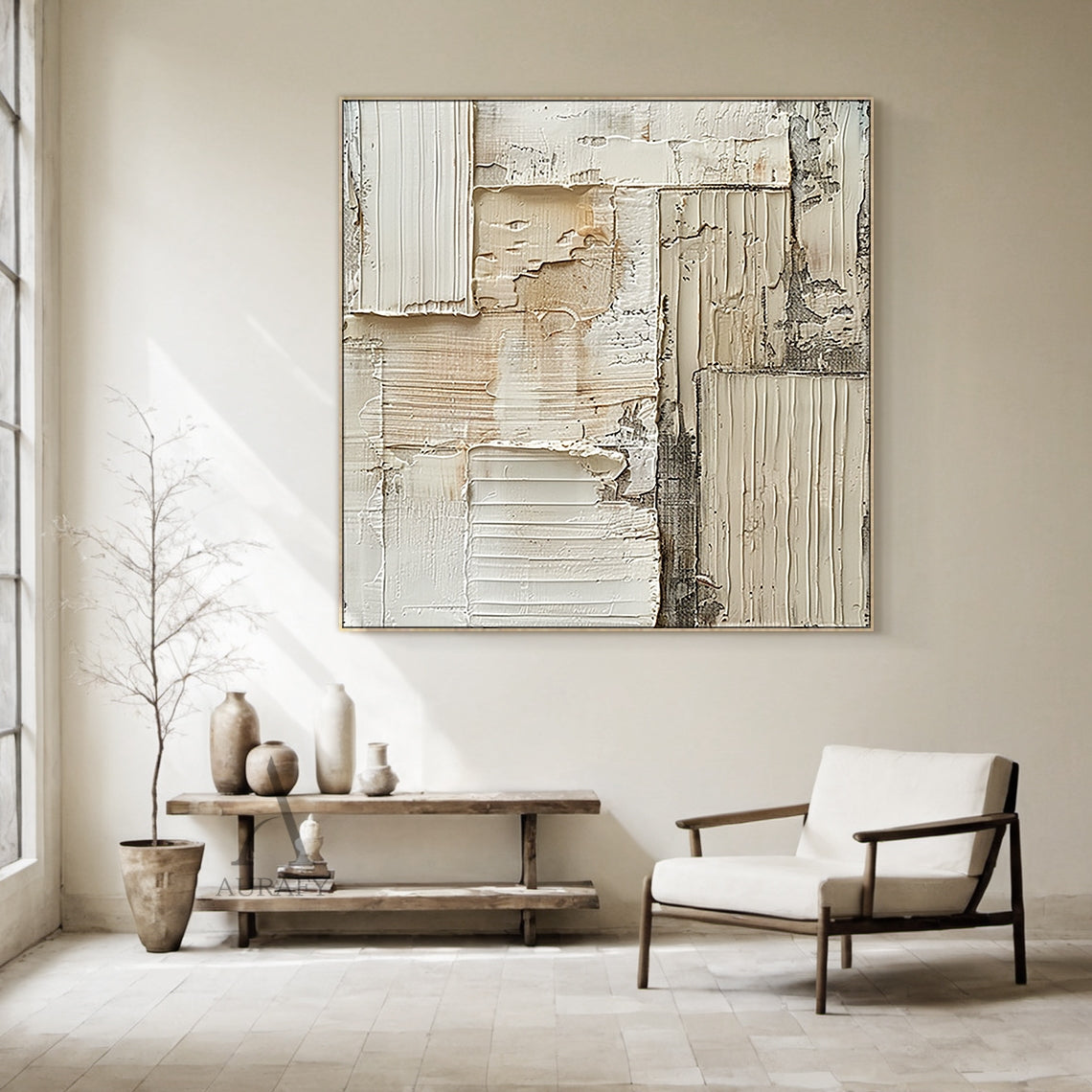 Weathered Grid, Beige Ridged Plaster Abstract Painting AURA868