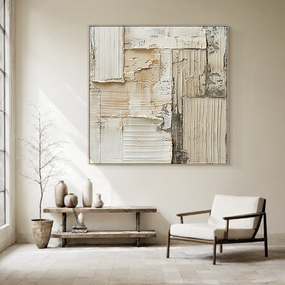 Weathered Grid, Beige Ridged Plaster Abstract Painting AURA868