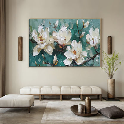 Textured Magnolia Oil Painting Green White Palette Knife Modern Organic Japandi Floral Wall Decor AURA717
