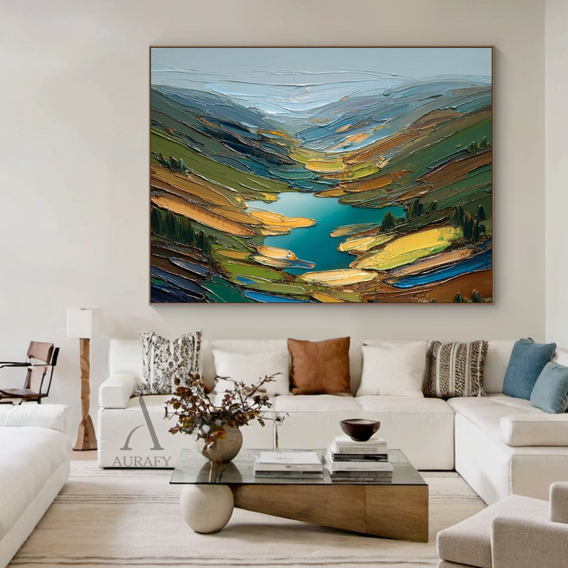 Green Impasto Landscape Artwork Plaster Textured Knife Stroke Mountain Lake Wabi-Sabi Modern Organic Wall Art AURA749