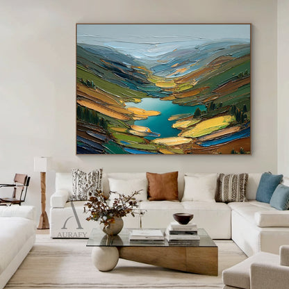 Green Impasto Landscape Artwork Plaster Textured Knife Stroke Mountain Lake Wabi-Sabi Modern Organic Wall Art AURA749